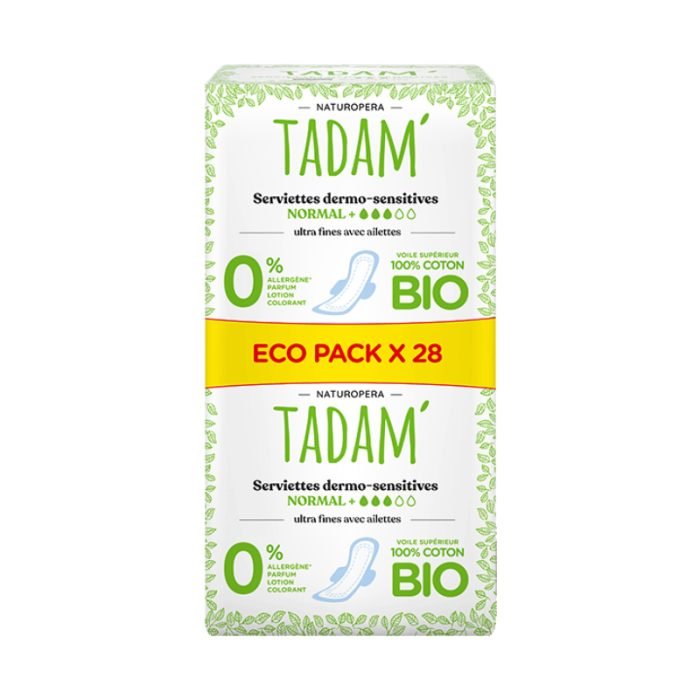 tadam-tadam-eco-pack-28-serviettes-dermo-sensitives-normal-coton-bio-protections-hygieniques-et-toilette-intime.jpg TADAM ECO PACK 28 SERVIETTES DERMO SENSITIVES NORMAL + COTON BIO – Image 1